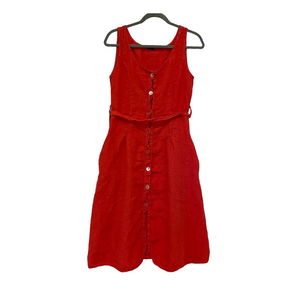 Lungo Larno 100% linen coral pink sundress button up pockets belt summer medium - Picture 1 of 11